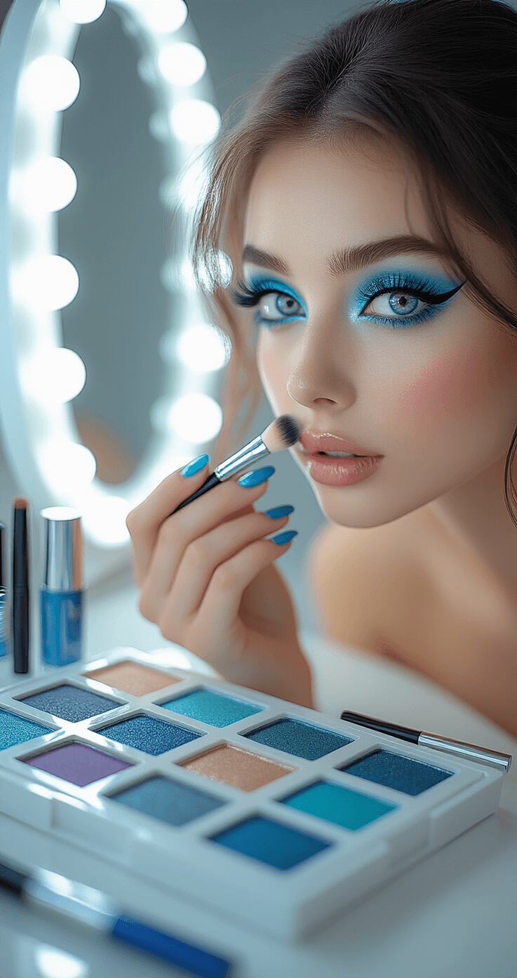 Miku Cosplay Makeup: Ultimate Guide to Nailing the Vocaloid Look A close-up of a woman applying vibrant turquoise and blue eyeshadow with a fluffy brush at a well-lit vanity, featuring ring lighting. Her eyes are enhanced with colored circle lenses, dramatic eyeliner, and false eyelashes. Multiple eyeshadow palettes and makeup tools are neatly arranged in a white organizer, showcasing a detailed cosplay makeup transformation.