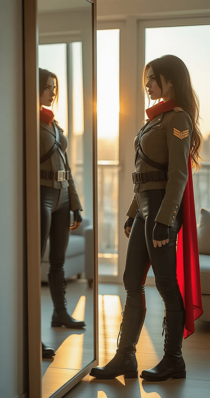Ultimate Mikasa Ackerman Cosplay A woman in a complete cosplay outfit poses confidently in front of a full-length mirror in a modern apartment living room during golden hour. Sunlight highlights her military-style jacket, flowing red scarf, fitted dark pants, leather harness, and polished black boots, with contemporary neutral furniture in the background. The image captures her reflection and profile, showcasing her transformation into a fierce warrior.