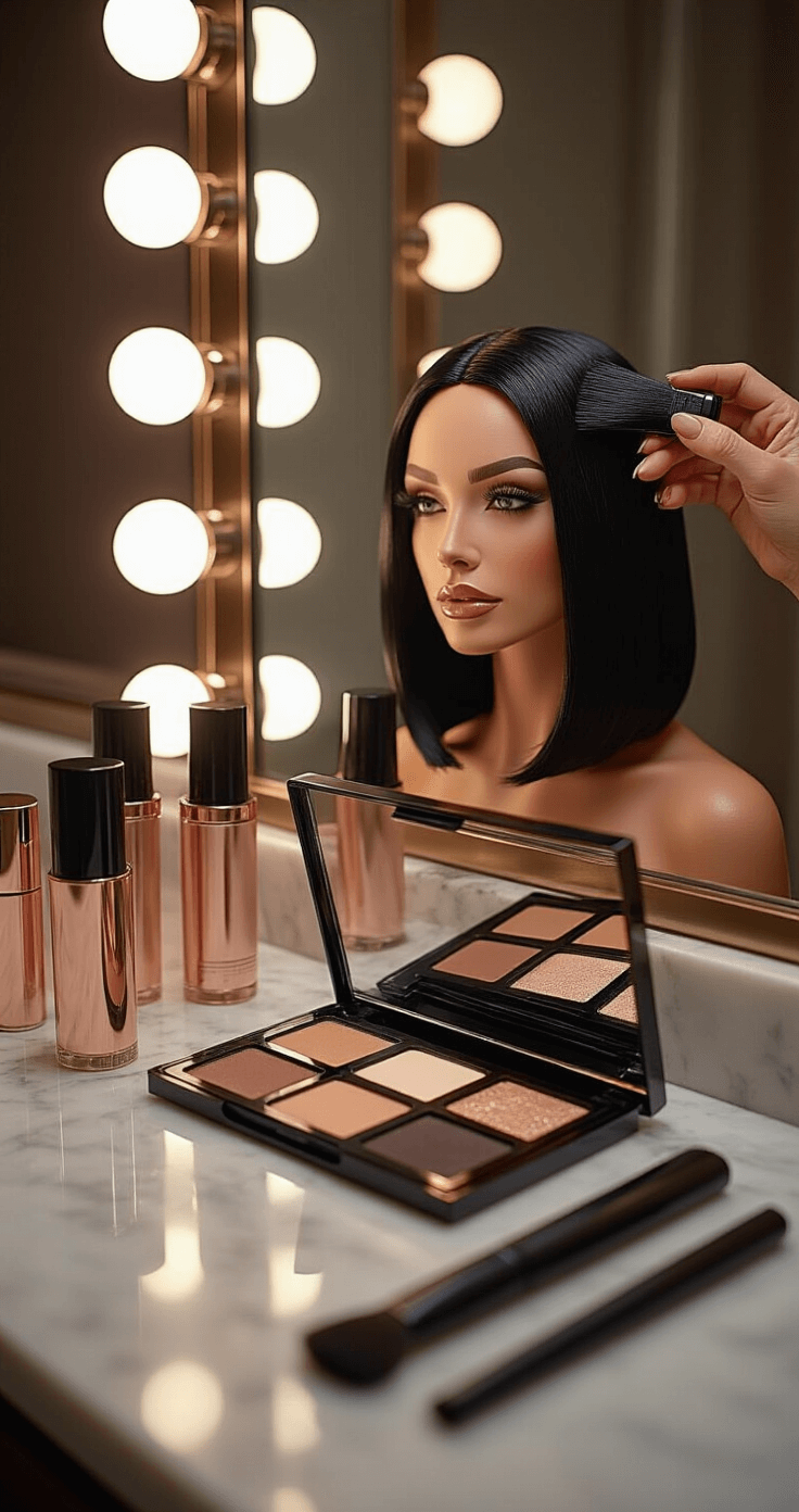 Ultimate Mikasa Ackerman Cosplay Close-up of a luxurious bathroom vanity scene focused on makeup application and wig styling for a Mikasa look, featuring a sleek black wig, natural earth-toned makeup, and neatly arranged beauty products in rose gold and black packaging, illuminated by soft LED lighting.