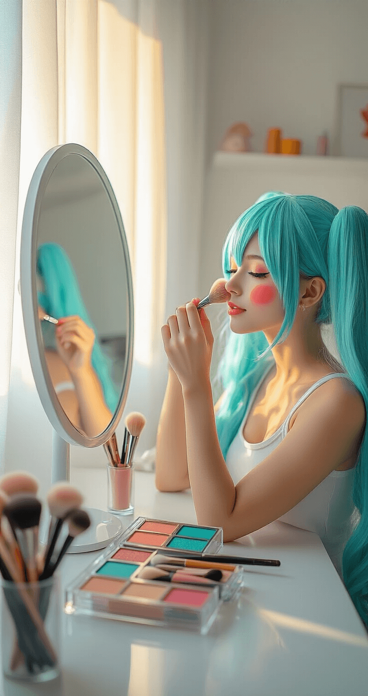 Miku Cosplay Makeup: Ultimate Guide to Nailing the Vocaloid Look A young woman in a bright modern bedroom applies coral blush at a sleek white vanity, wearing a turquoise twin-tail wig and a white tank top, surrounded by colorful makeup products as warm golden hour sunlight filters through sheer curtains.