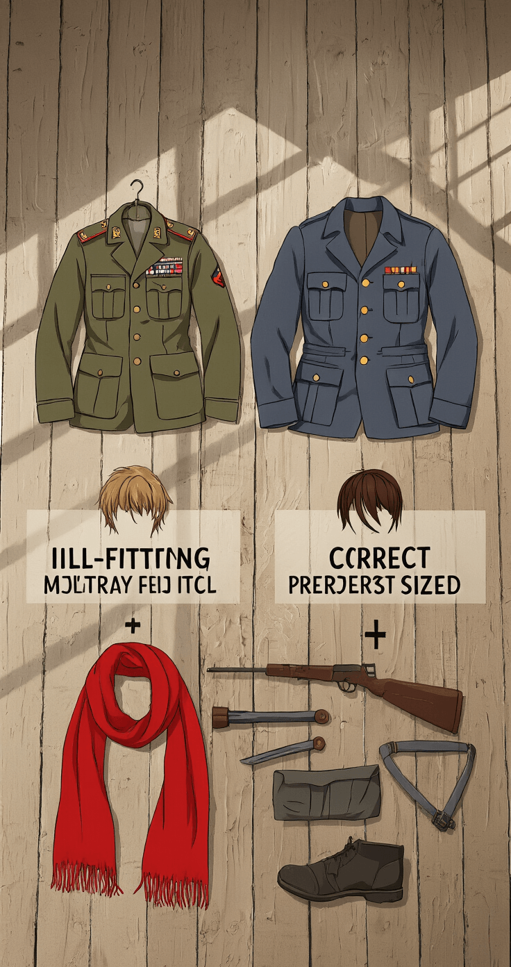 Ultimate Mikasa Ackerman Cosplay A flat-lay comparison on a rustic wooden floor showcasing cosplay styling: one side features ill-fitting and wrinkled costume pieces, tangled wig, and oversized prop weapons, while the other displays properly sized, pressed items, neatly styled wig, and proportionate props. Natural light illuminates the textures, with an earth-tone palette and a red scarf highlighting key elements, emphasizing attention to detail in successful cosplay.