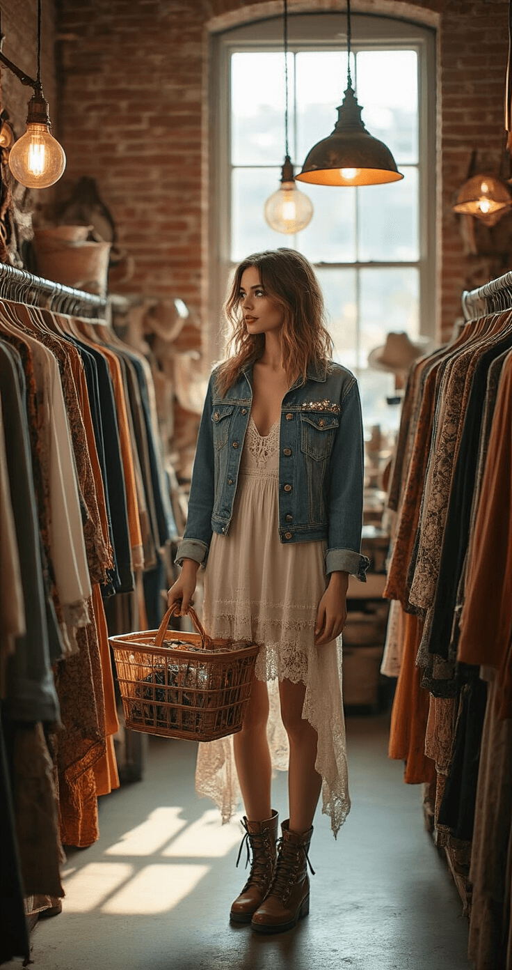 A trendy thrift store interior with exposed brick walls and vintage fixtures showcases a fashionable model browsing Halloween costumes, styled in a DIY vintage lace slip dress and denim jacket, illuminated by natural light and industrial pendant lamps.