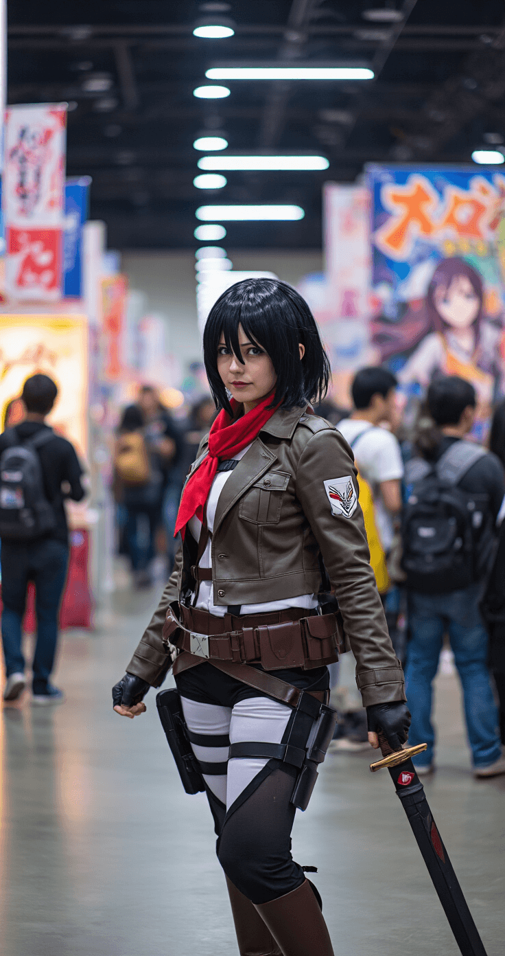 Ultimate Mikasa Ackerman Cosplay A confident cosplayer dressed as Mikasa from Attack on Titan interacts with other anime fans at a lively convention center, surrounded by colorful banners and booth displays, while showcasing her meticulously crafted costume, including a styled black wig, authentic prop sword, and perfectly fitted military jacket and red scarf.