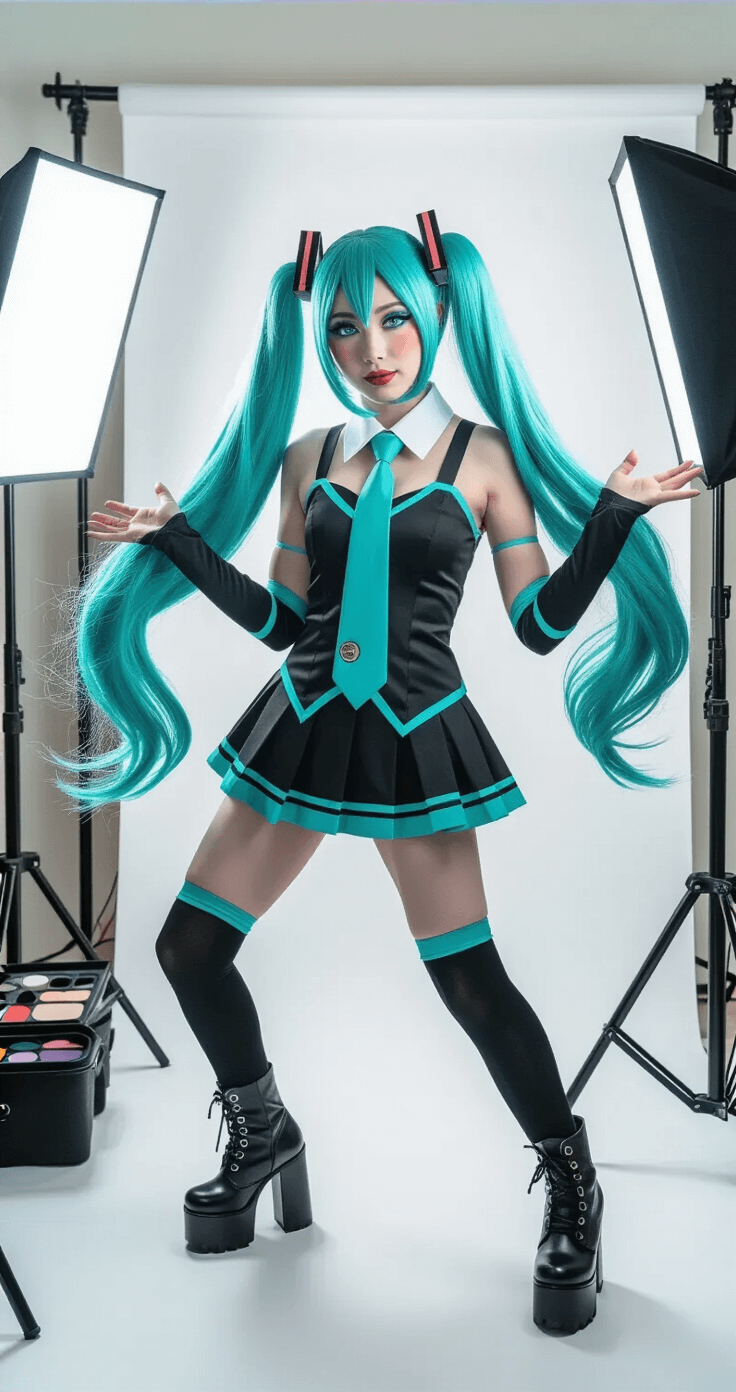 Miku Cosplay Makeup: Ultimate Guide to Nailing the Vocaloid Look A bright photography studio featuring a woman in Miku cosplay with flawless makeup, dynamic pose, and vibrant teal and black outfit, captured by a photographer amidst professional lighting equipment and a seamless white backdrop.