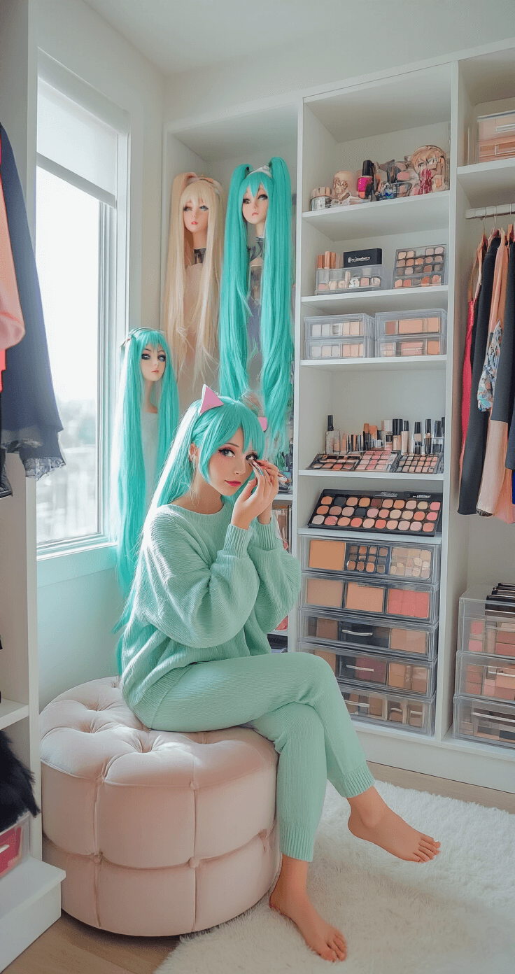 Miku Cosplay Makeup: Ultimate Guide to Nailing the Vocaloid Look A woman sits on a plush velvet ottoman in a bright, organized walk-in closet, practicing Miku makeup techniques surrounded by cosplay accessories, wigs on stands, and neatly organized makeup collections in clear drawers, all illuminated by natural light from a large window.