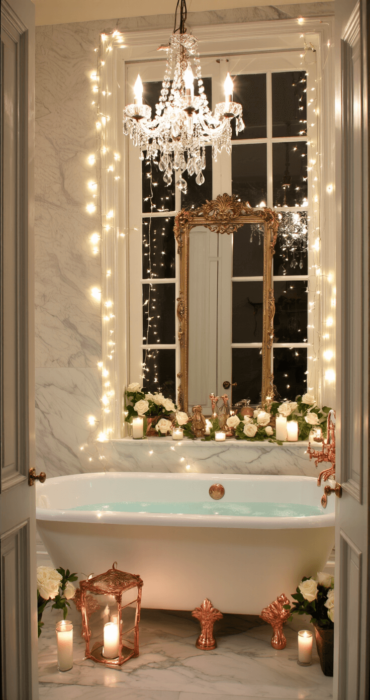Magical DIY Fairy Lights: Transform Your Space with Enchanting Illumination Romantic bathroom with clawfoot tub, adorned in fairy lights and candles, featuring a vintage gilt mirror and marble surfaces, exuding a luxurious spa-like atmosphere.