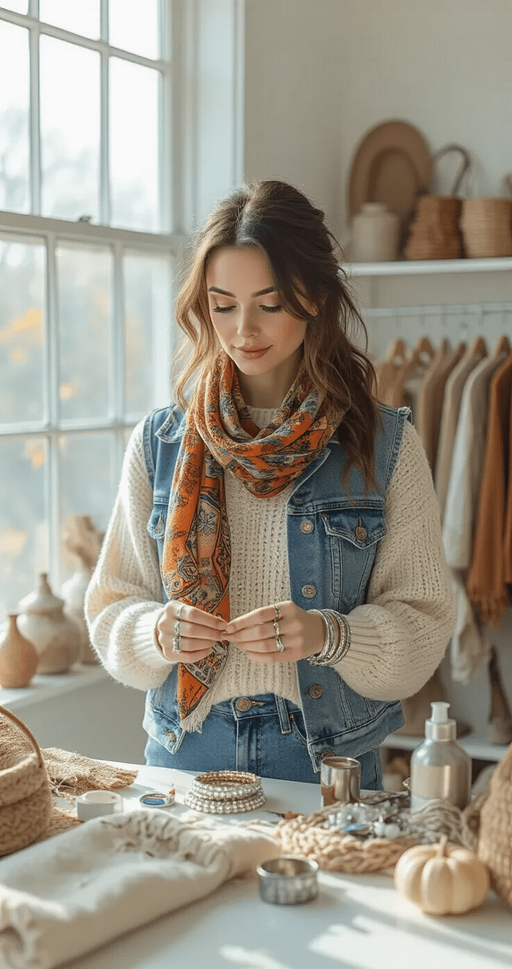 A woman organizes budget-friendly DIY Halloween costume elements on a white table in a bright, minimalist studio, featuring vintage clothing and craft supplies, while holding a handmade accessory, all illuminated by natural light.