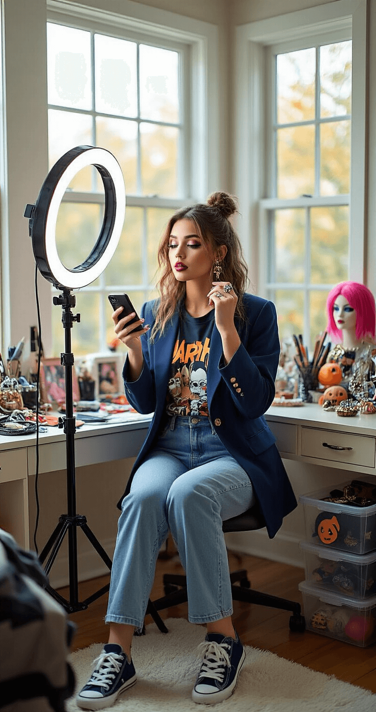 A young woman in a cozy, well-lit bedroom works on her Halloween costume with a navy blazer over a graphic tee, surrounded by professional photography equipment and colorful costume accessories, applying bold makeup with a ring light illuminating the scene.