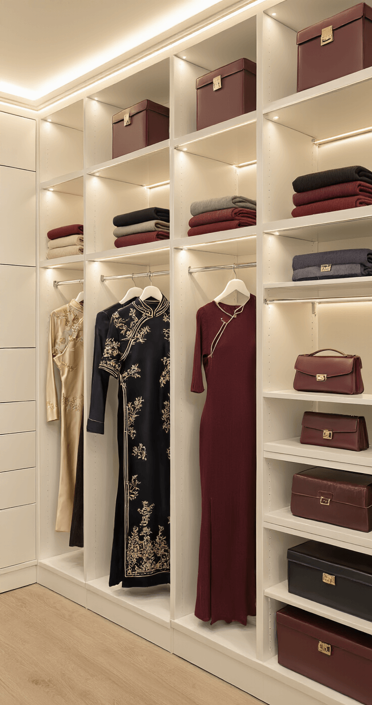A stylish woman organizes luxurious custom-tailored fashion pieces in a sophisticated walk-in closet with white shelving and soft LED lighting, showcasing silk cheongsams, knitted dresses, and leather accessories, while natural light filters through frosted glass panels.