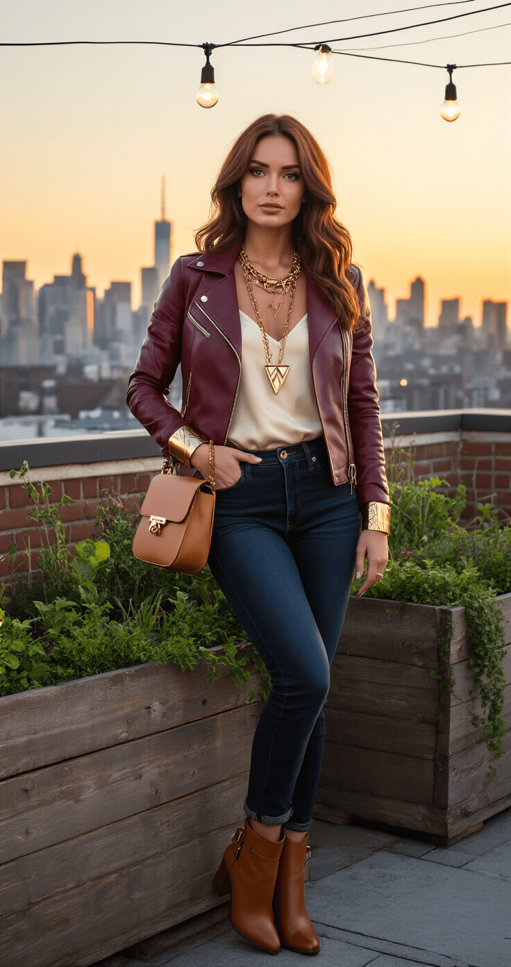 Brown Hair Cosplay: Your Ultimate Guide to Transformative Character Styling A stylish woman with rich mahogany brown hair in loose waves wears a structured burgundy leather jacket, cream silk camisole, high-waisted dark indigo jeans, and cognac leather ankle boots against an urban rooftop garden at sunset, illuminated by string lights. She leans confidently against weathered brick planters filled with greenery, accessorized with a wide geometric gold cuff bracelet, layered gold necklaces, and a tan leather crossbody bag, captured from a low angle to emphasize her empowered stance.