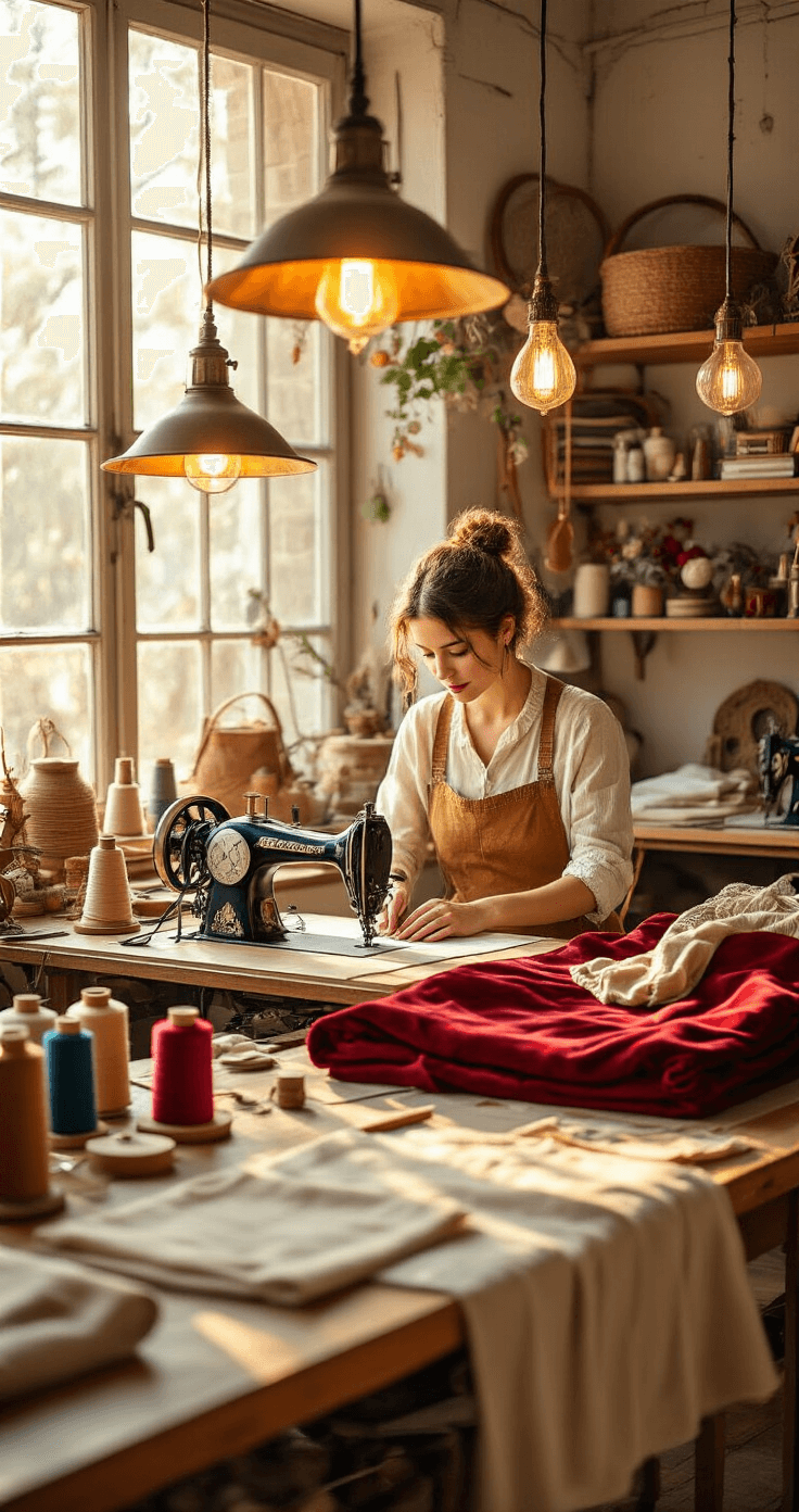 A seamstress works on handcrafted fashion pieces in a warm artisan studio filled with natural wood surfaces, vintage sewing machines, and colorful thread spools, illuminated by soft amber lighting during golden hour.