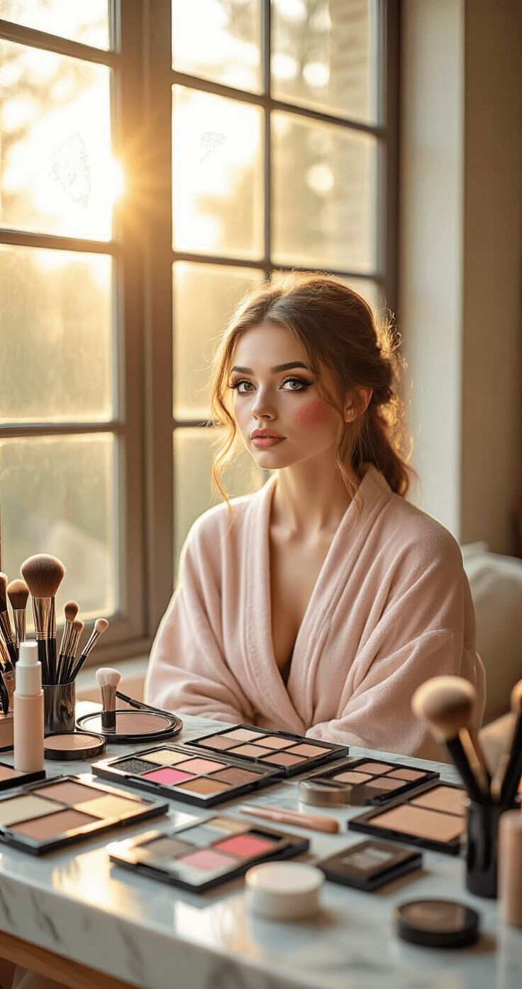 Cosplay Makeup Transformation: Your Ultimate Guide to Character-Perfect Looks A makeup studio with warm golden hour lighting featuring a young woman in a blush pink robe, partially transformed with dramatic character makeup and natural skin. The organized vanity table has foundation, concealer palettes, eyebrow glue, and brushes, surrounded by theatrical makeup supplies, illuminated by ring lights.