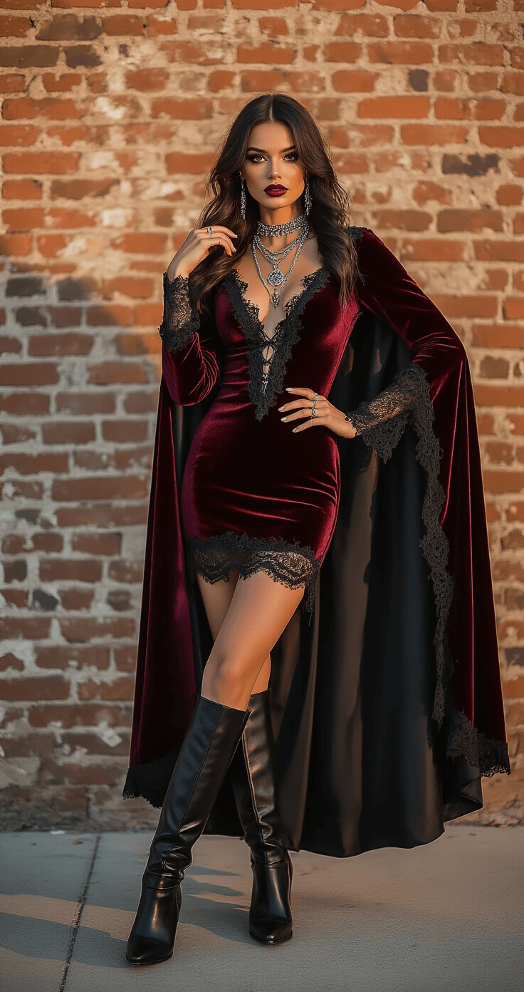 A confident woman in a gothic-inspired burgundy velvet dress with black lace details poses against a rustic brick wall during golden hour, showcasing her Halloween costume with layered silver jewelry and knee-high leather boots, while adjusting a dramatic black cape in a professional modeling stance.