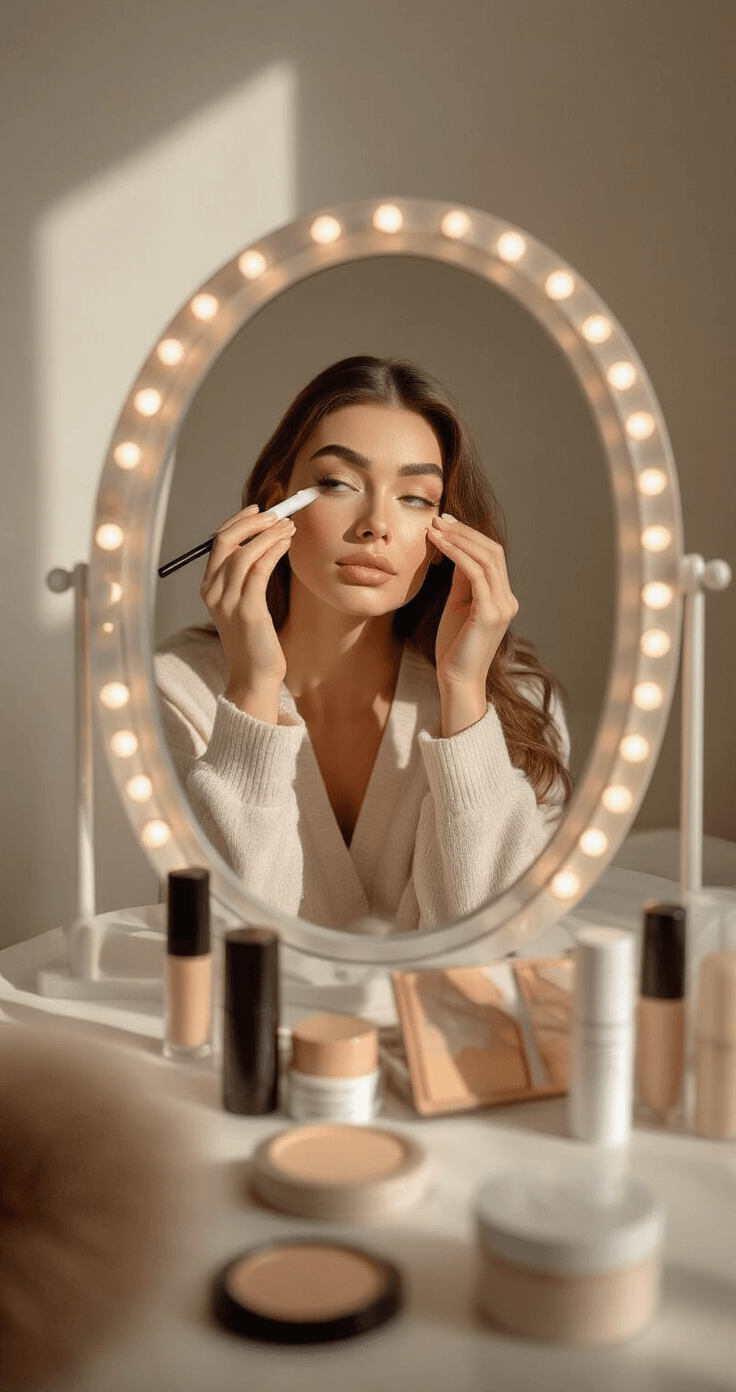 Cosplay Makeup Transformation: Your Ultimate Guide to Character-Perfect Looks Close-up macro shot of a female model in loungewear applying glue stick to flatten her eyebrows at a Hollywood-style mirror, surrounded by makeup products like concealer and setting powder, with soft morning light illuminating the cozy bedroom scene.
