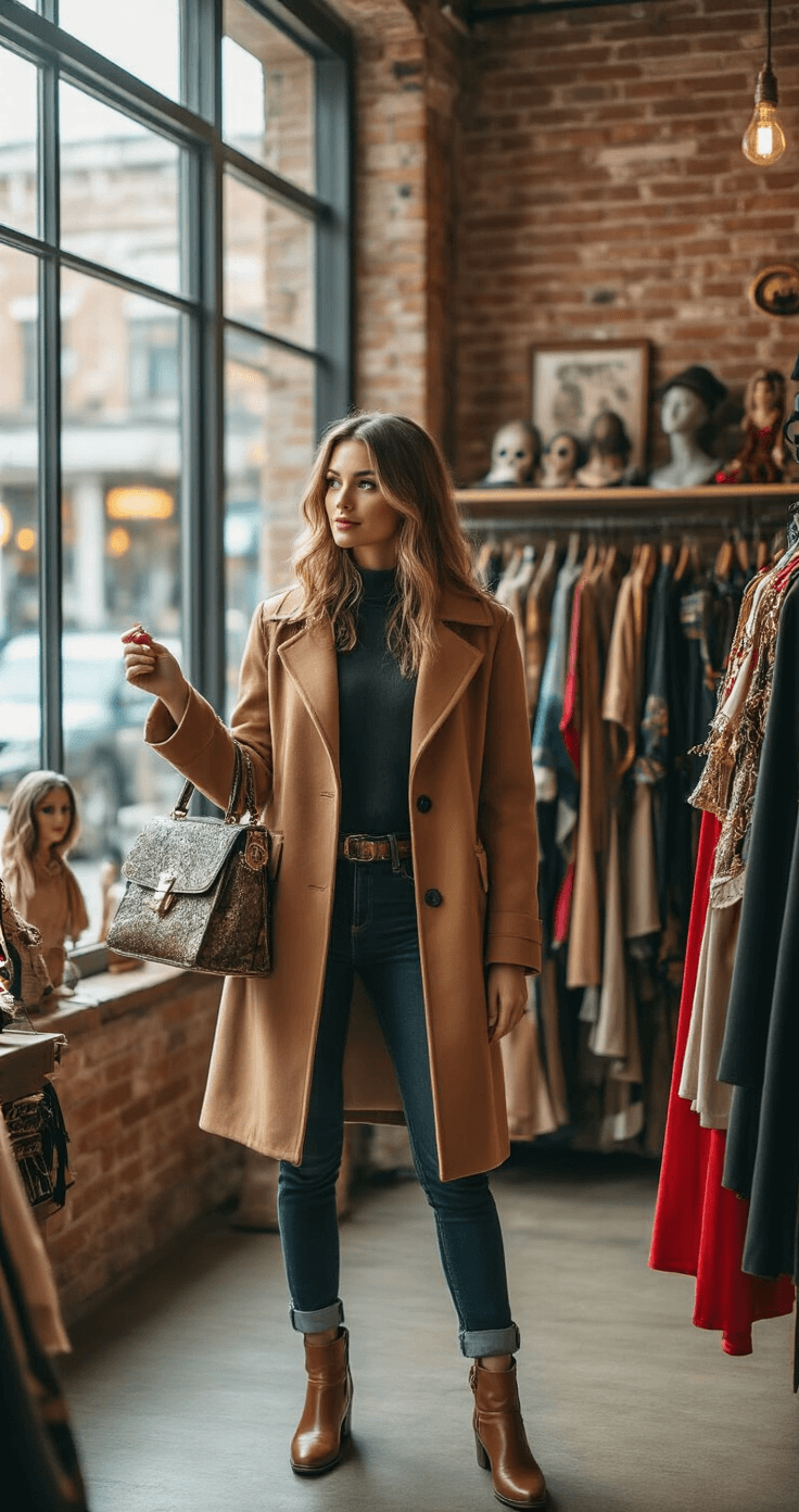 A stylish woman in a camel wool coat examines a superhero costume with metallic details inside a trendy boutique with exposed brick walls, surrounded by various high-quality Halloween costumes while bright natural light filters through large windows.