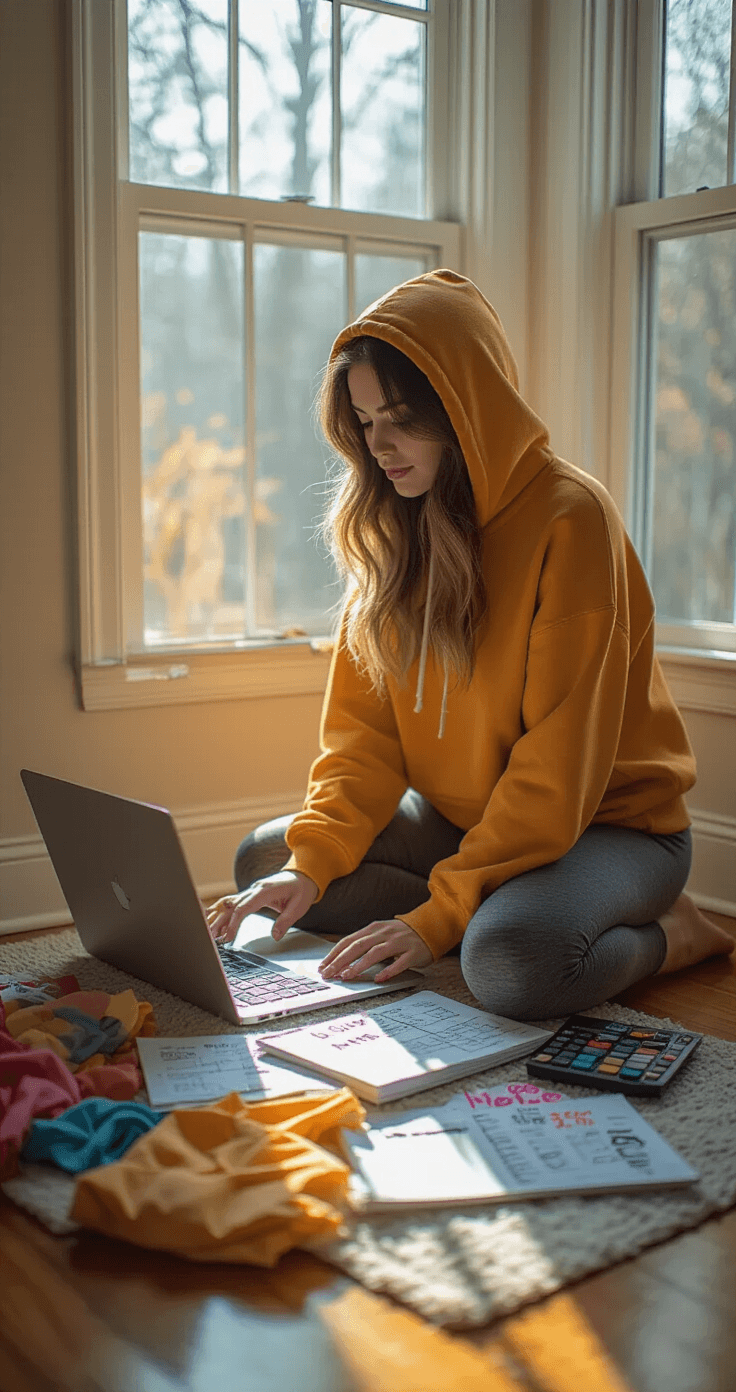 Ultimate Guide to One Piece Cosplay: From Beginner to Pro A woman in charcoal gray leggings and an oversized mustard yellow hoodie kneels beside a budget planner and laptop in a cozy studio apartment corner, bathed in soft morning light from tall windows. Scattered around her are price-tagged cosplay items including costume sets, synthetic wigs, and makeup supplies, along with fabric swatches, a calculator, and handwritten notes, all arranged by cost categories on hardwood floors, with gentle shadows created by natural lighting.