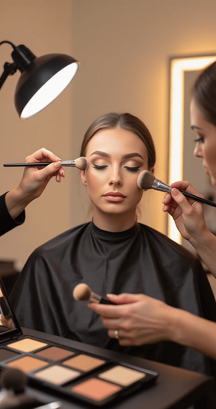 Cosplay Makeup Transformation: Your Ultimate Guide to Character-Perfect Looks A makeup artist performs contouring and highlighting on a model in a professional studio, using cream palettes and precise brushes, while warm LED lighting highlights their skilled techniques.