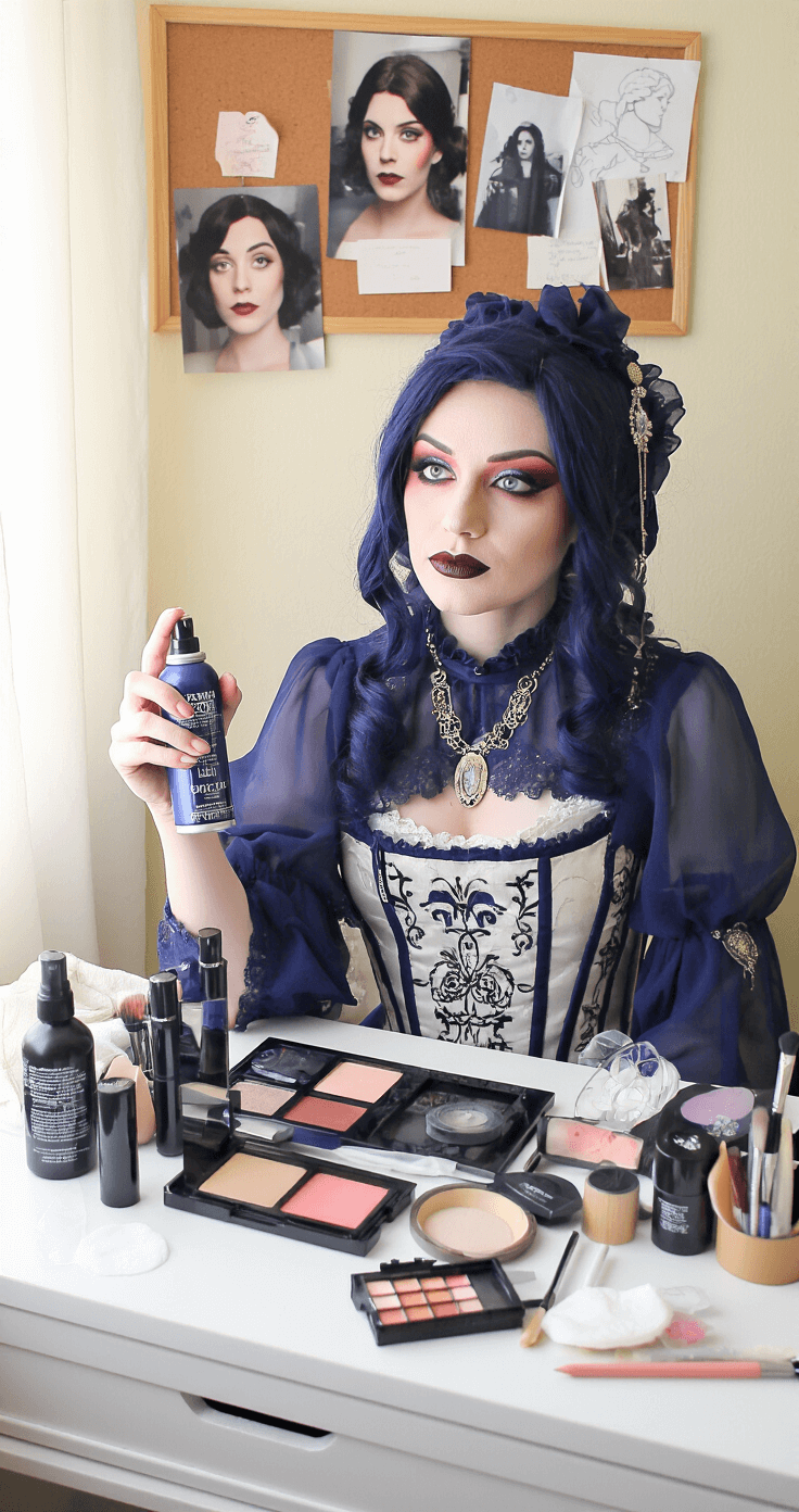 Cosplay Makeup Transformation: Your Ultimate Guide to Character-Perfect Looks A cosplayer in a cozy bedroom corner is finishing her makeup transformation with a setting spray, surrounded by layered midnight blue chiffon fabrics and a structured corset. The vanity displays used makeup containers, brushes, and reference photos of her character. Her completed look features dramatic contouring, a deep burgundy lip, and intricate eye makeup, with a handheld spray bottle and fan nearby. The scene captures both her character detail and the organized workspace.