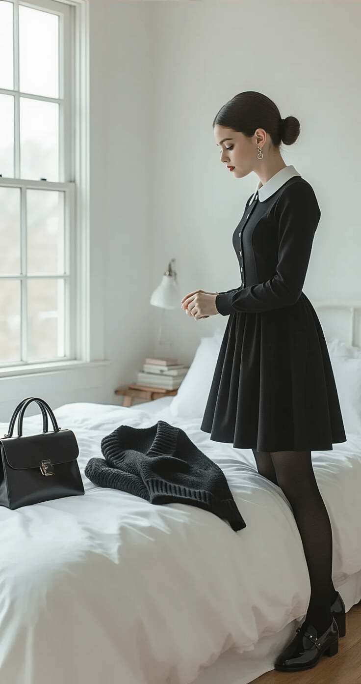 A young woman arranges a Wednesday Addams-inspired outfit in a minimalist bedroom bathed in soft morning light, featuring a black A-line dress with a white collar, black tights, and Mary Jane shoes, alongside a neatly made bed and monochrome accessories.