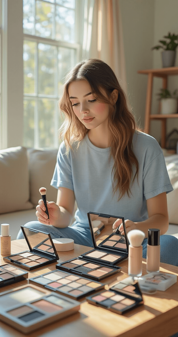 Cosplay Makeup Transformation: Your Ultimate Guide to Character-Perfect Looks A young woman in casual denim and a cotton tee organizes a budget-friendly cosplay makeup haul on a coffee table, showcasing drugstore foundations, discount eyeshadow palettes, and basic brush sets in bright midday sunlight. Price tags are visible on the products, with various textures like plastic, cardboard, and metal highlighted, creating an authentic shopping atmosphere. Natural light illuminates her enthusiastic expression and the organized display of accessible makeup options in versatile shades.