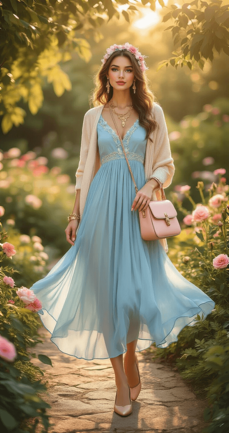 A woman in a flowing powder blue chiffon midi dress poses gracefully in a vibrant garden during golden hour, accented by blooming flowers and dappled sunlight. She wears nude leather ballet flats, layered gold jewelry, a soft cream cashmere cardigan, and a floral silk hair scarf, embodying a Disney princess-inspired fashion with a pastel color palette and dreamy textures.