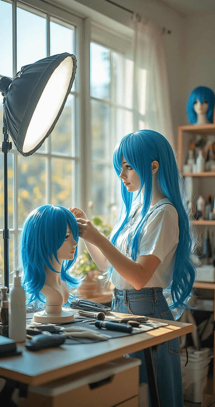 The Ultimate Guide to Anime Cosplay Fashion: From Beginner to Pro Young cosplayer styling a vibrant blue anime wig on a mannequin head in a bright home studio, with organized styling tools and completed wigs displayed in the background. Morning sunlight filters through large windows, illuminating the professional setup.