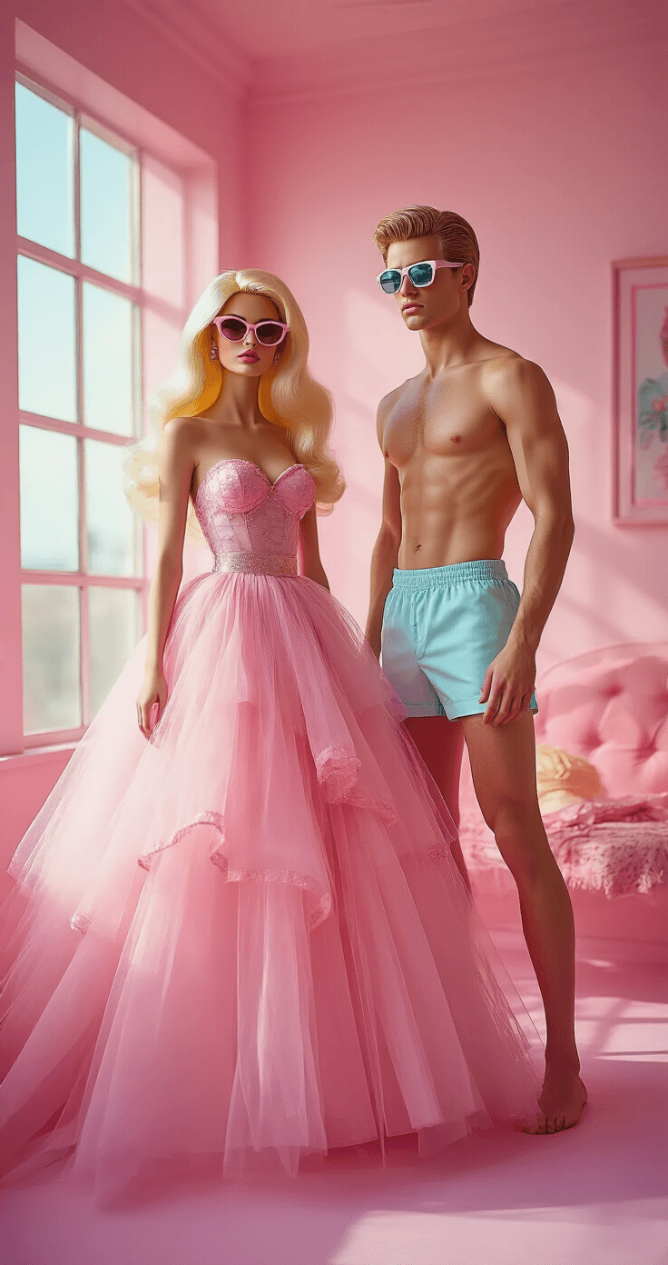Cinematic fashion photoshoot in a pink studio with models as modern Barbie in a glamorous pink gown and Ken in a pastel beach outfit, natural light highlighting details and theatrical makeup.