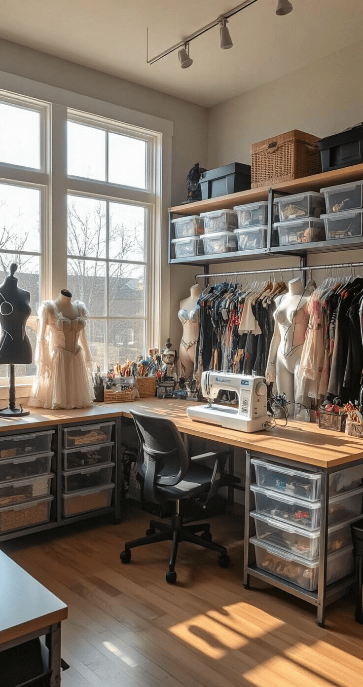 Mastering Cosplay Storage: A Comprehensive Guide to Protecting Your Costume Collection A spacious home craft room with large windows allowing late afternoon sunlight, featuring an industrial metal storage system, acrylic drawers, and organized costume sections. Mannequins showcase cosplay outfits, and a workstation is illuminated by cool white LED track lighting, with a professional sewing machine. The color palette includes steel gray, crystal clear, and warm wood tones, with labeled bins for sorted wigs, props, and accessories.