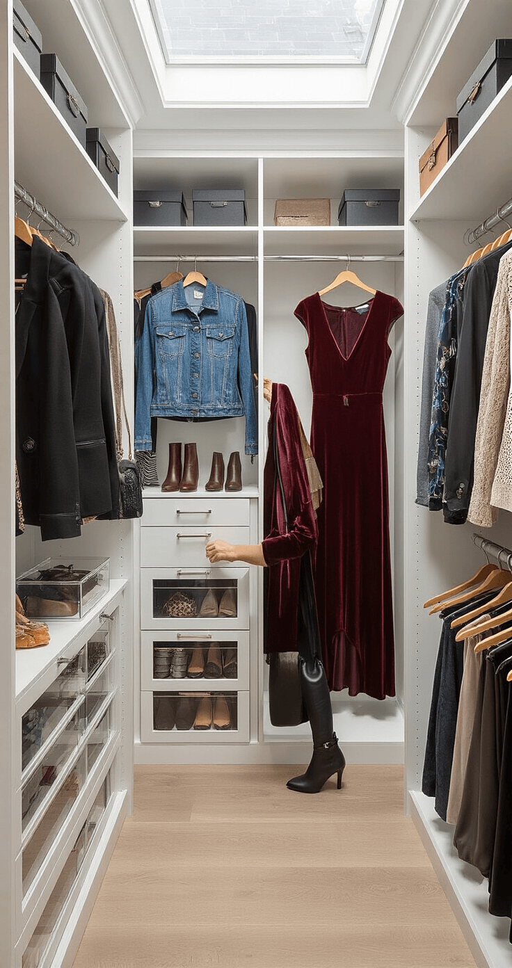 A stylish woman curates a variety of organized costumes in a modern walk-in closet with white built-ins and natural skylight, featuring outfits on hangers, leather boots, statement jewelry, and rich jewel tones amidst excellent lighting.