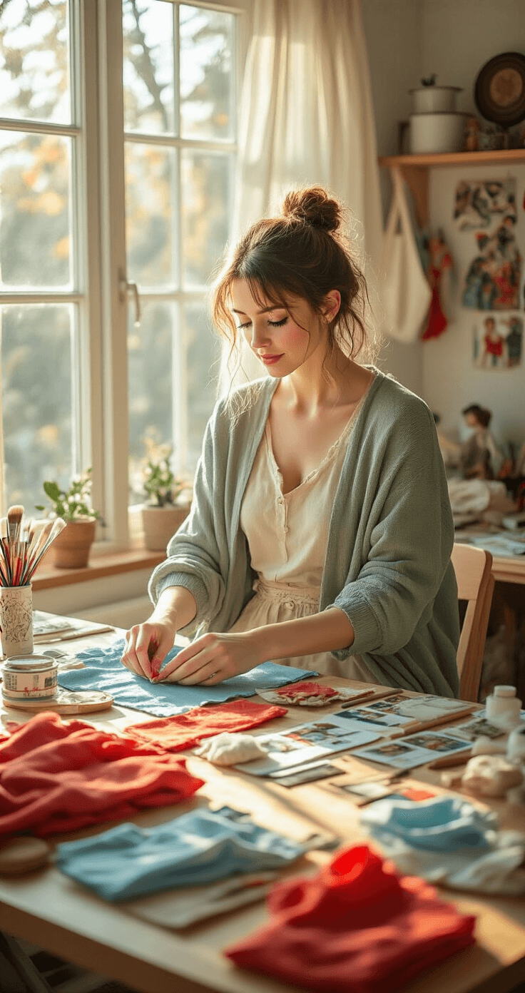 Ultimate Guide to One Piece Cosplay: From Beginner to Pro A cozy and sunlit craft room featuring a woman in a sage green cardigan and cream wide-leg pants, sitting at a wooden table filled with vibrant DIY cosplay materials, including fabric, foam, sewing supplies, and reference images, as she works on costume details in warm afternoon light.