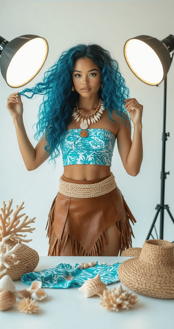 Curly Hair Cosplay: Transform Your Look with Confidence and Style A woman with ocean-blue curly hair styles a tropical-inspired costume in a bright minimalist studio, featuring a coral-patterned crop top, flowing brown skirt, and seashell jewelry, photographed from a three-quarter angle with soft ambient lighting and a shallow depth of field.