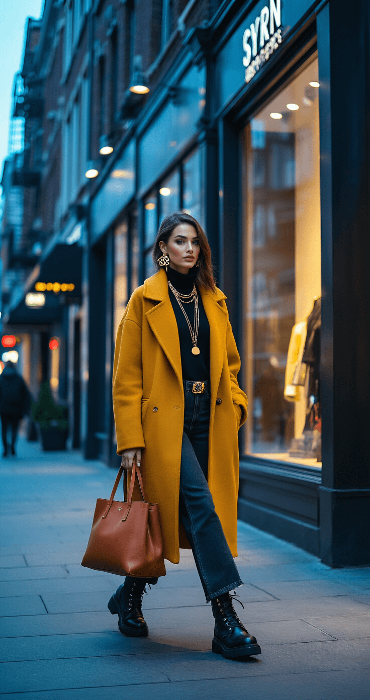 A confident woman in a mustard yellow oversized coat and black turtleneck walks on a trendy urban sidewalk during the blue hour, surrounded by modern storefronts and ambient street lighting, showcasing contemporary Halloween fashion.
