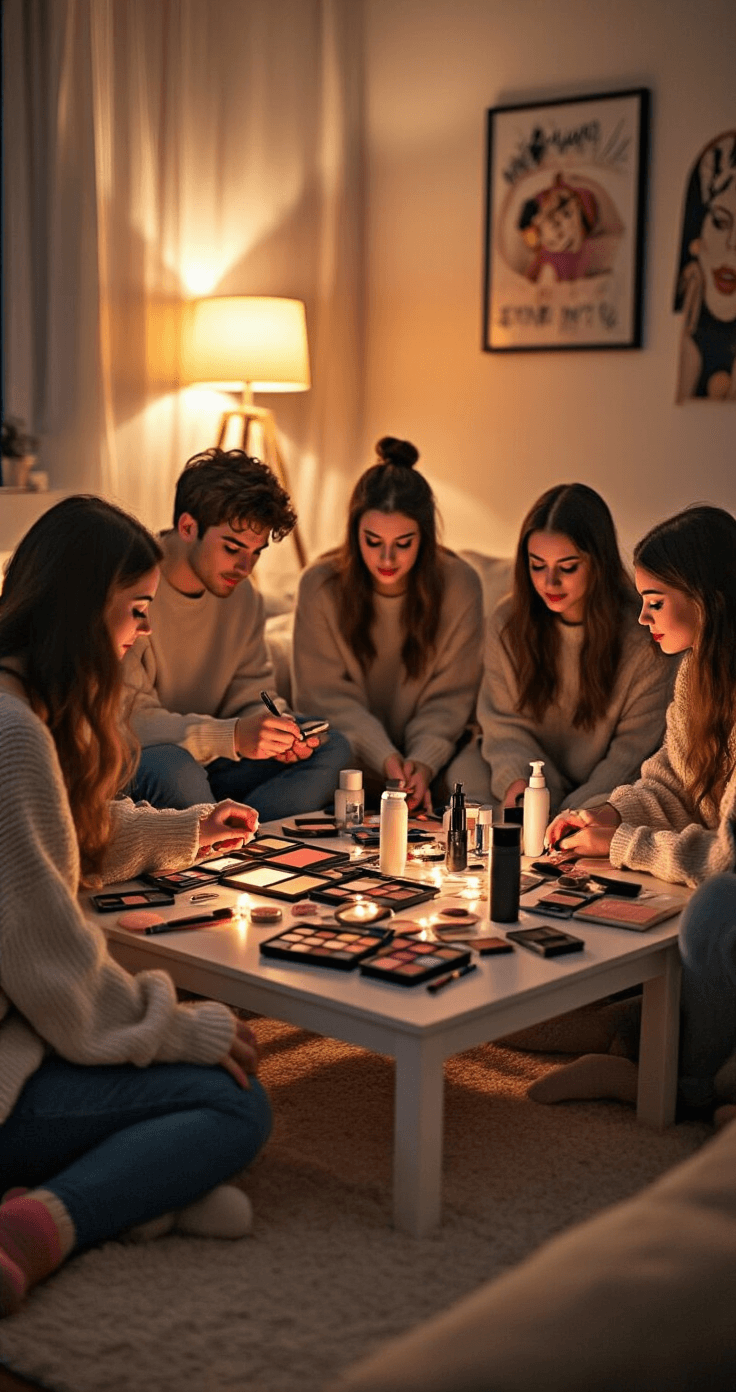 Ultimate Guide to One Piece Cosplay: From Beginner to Pro A cozy evening living room filled with warm lighting, where a group of friends in oversized sweaters and leggings gather around a coffee table strewn with makeup supplies and mirrors. They excitedly practice One Piece character makeup, surrounded by colorful palettes and brushes, creating a lively atmosphere that highlights their friendship and shared passion for cosplay.