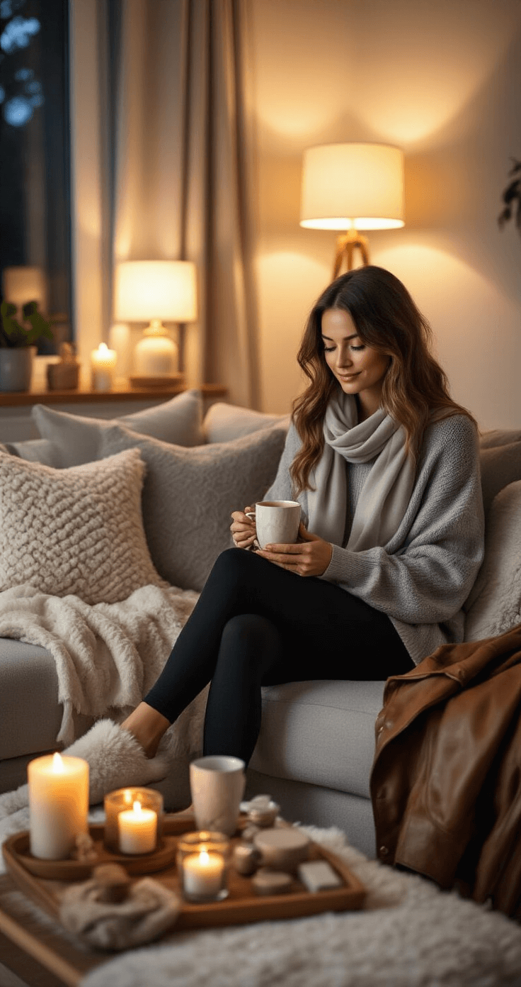 A cozy living room scene with warm evening light, featuring a woman in a gray cashmere sweater and black leggings, surrounded by costume pieces and self-care items, including herbal tea, an essential oil diffuser, and skincare products, all set in a stylish, contemporary space with soft pillows and ambient lighting.