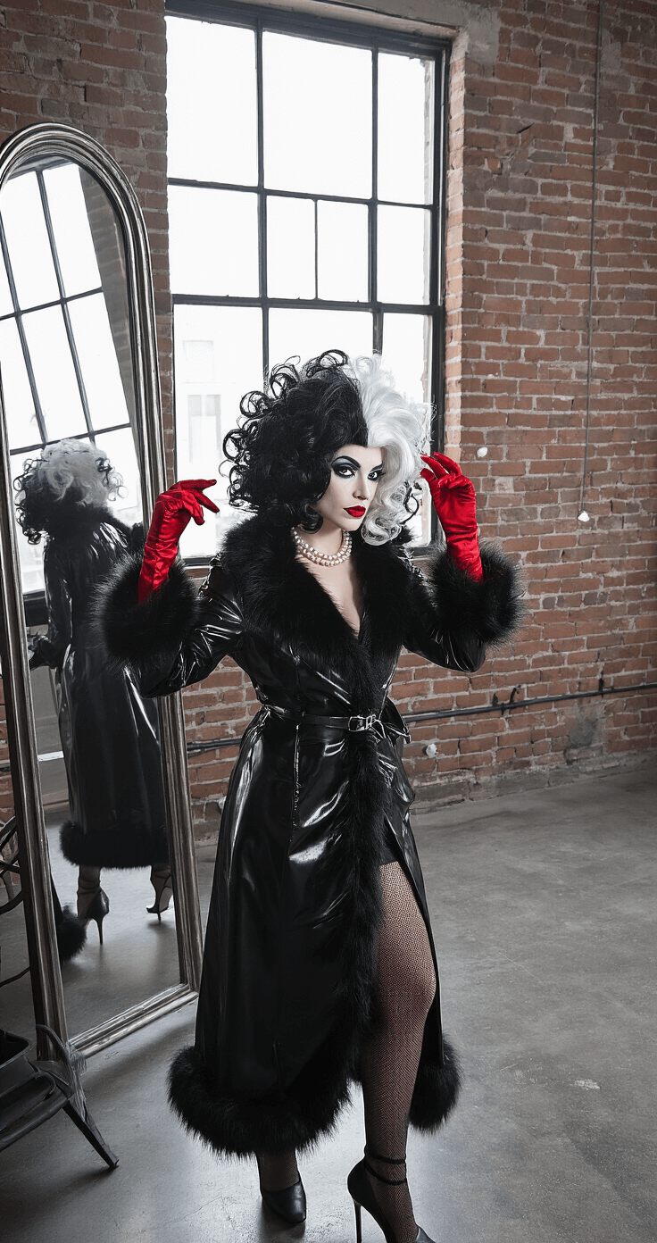 Curly Hair Cosplay: Transform Your Look with Confidence and Style A fashion-forward woman perfecting her Cruella de Vil cosplay in a chic urban loft, adjusting her dramatic black and white curly wig before a vintage mirror. She wears a glossy black leather coat with faux fur trim, sleek red satin gloves, and vintage pearl jewelry, with bold red lipstick accentuating her look. The industrial setting with exposed brick walls and large windows provides natural lighting, casting striking shadows and highlighting the textures of her ensemble.