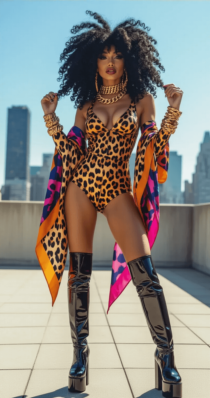 Curly Hair Cosplay: Transform Your Look with Confidence and Style A woman joyfully embodies Scary Spice through a vibrant cosplay transformation on a sunny urban rooftop, showcasing a leopard print bodysuit, metallic accents, and bold 90s-inspired fashion elements, with a dynamic city backdrop emphasizing her confident self-expression and personal empowerment.