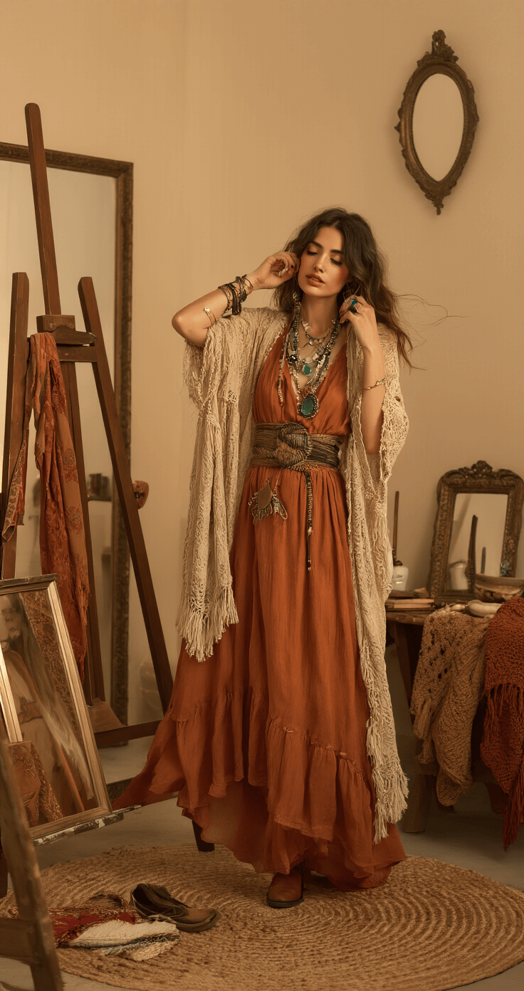 A woman in a cozy bedroom, dressed in a flowing earthy termelon bohemian dress layered with textured accessories, trying on artistic costume elements inspired by famous painters. The scene features an easel, art supplies, vintage mirrors, and warm evening lamplight, with deep jewel tones and soft ambient lighting creating an artistic atmosphere.