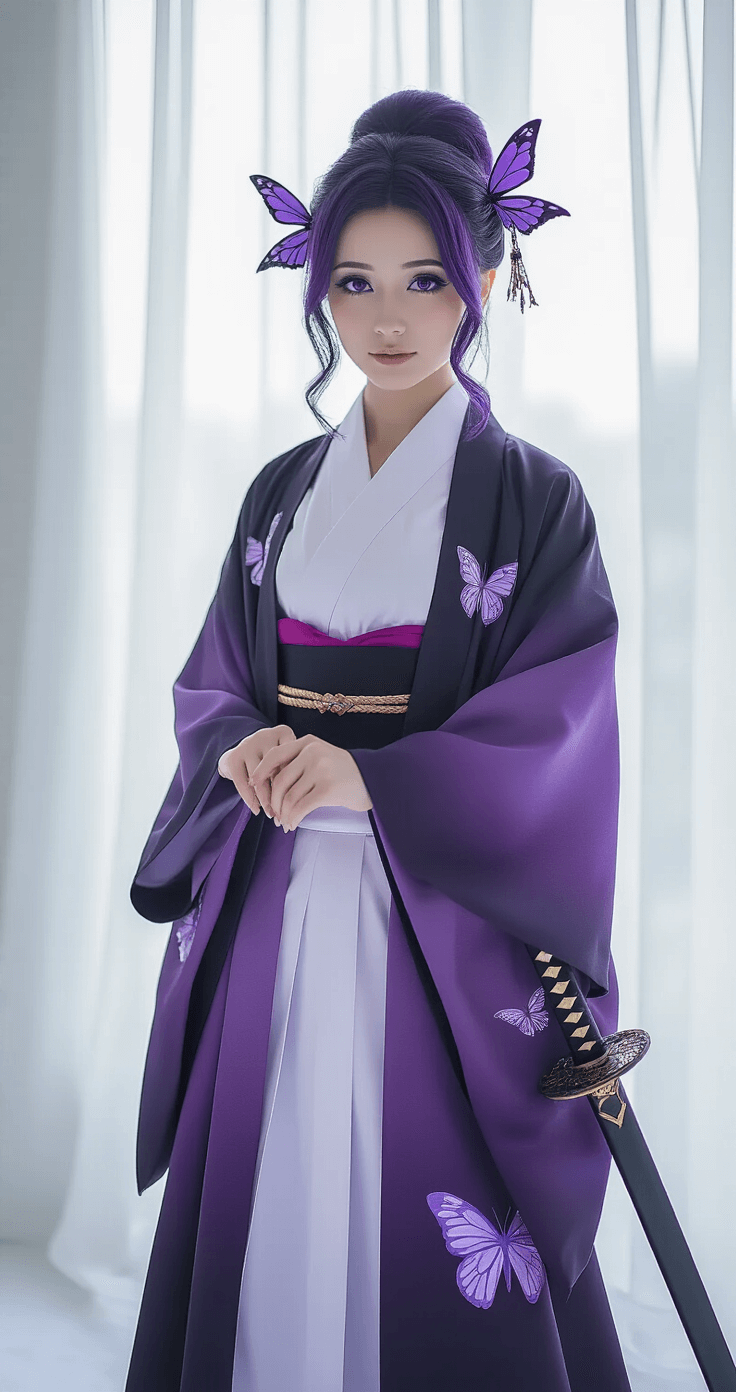 A female model in Shinobu Kocho cosplay poses elegantly in a professional photography studio with a soft white backdrop and natural window lighting. The shot highlights her gradient purple-to-black haori featuring butterfly embroidery, traditional white uniform, and a high bun purple wig adorned with butterfly hair pins. The ethereal atmosphere is enhanced by golden hour light streaming through the windows, with a focus on the textile details and replica butterfly sword.