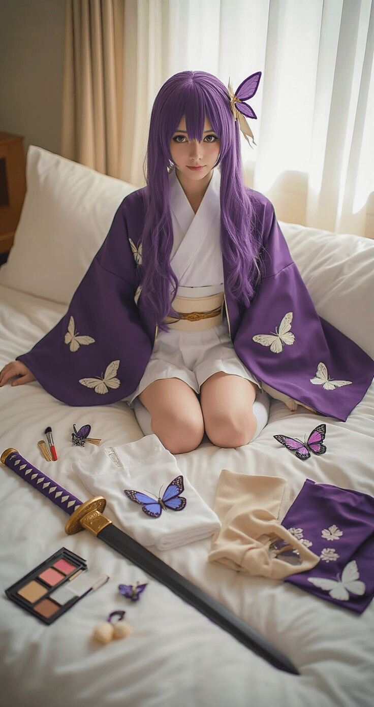 Cozy bedroom corner featuring a flat-lay of Shinobu cosplay components on white bedding, including a gradient purple wig, butterfly-motif haori, crisp white uniform pieces, tabi socks, and butterfly hair accessories, with ambient lighting and natural morning light filtering through sheer curtains.