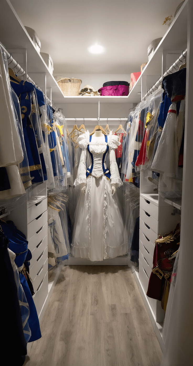 Mastering Cosplay Storage: A Comprehensive Guide to Protecting Your Costume Collection A cozy 12x12ft cosplay closet bathed in morning light, featuring a white melamine shelving system and a centered clothing rack with padded hangers displaying intricate costumes. Professional clear vinyl garment bags protect detailed outfits, while recessed LED mood lighting casts dramatic shadows. Colorful costume accents enhance the crisp white decor, with props neatly organized on custom wall-mounted holders.