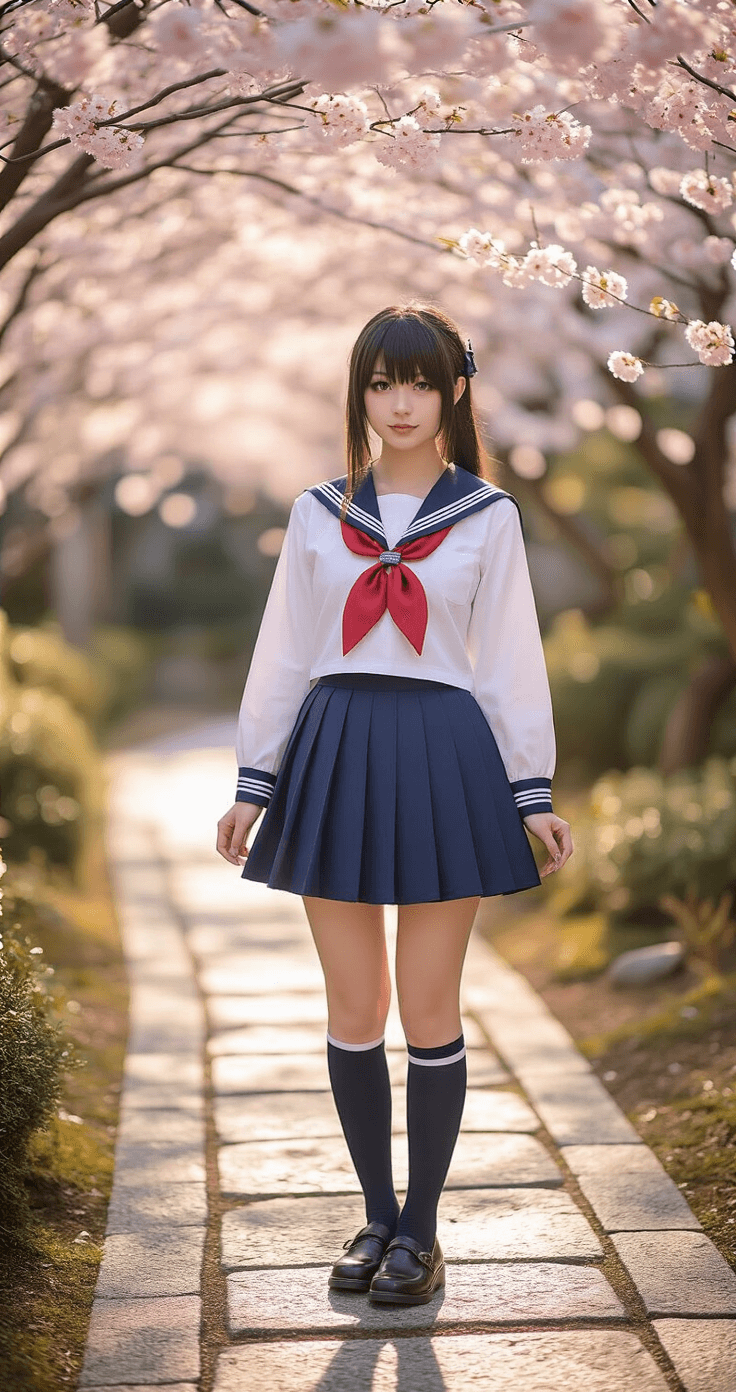 The Ultimate Guide to Anime Cosplay Fashion: From Beginner to Pro Cosplayer in a detailed high school uniform poses on a stone pathway in a serene urban Japanese garden during golden hour, framed by cherry blossoms and softened by a bokeh background, showcasing the fabric textures and character accuracy.
