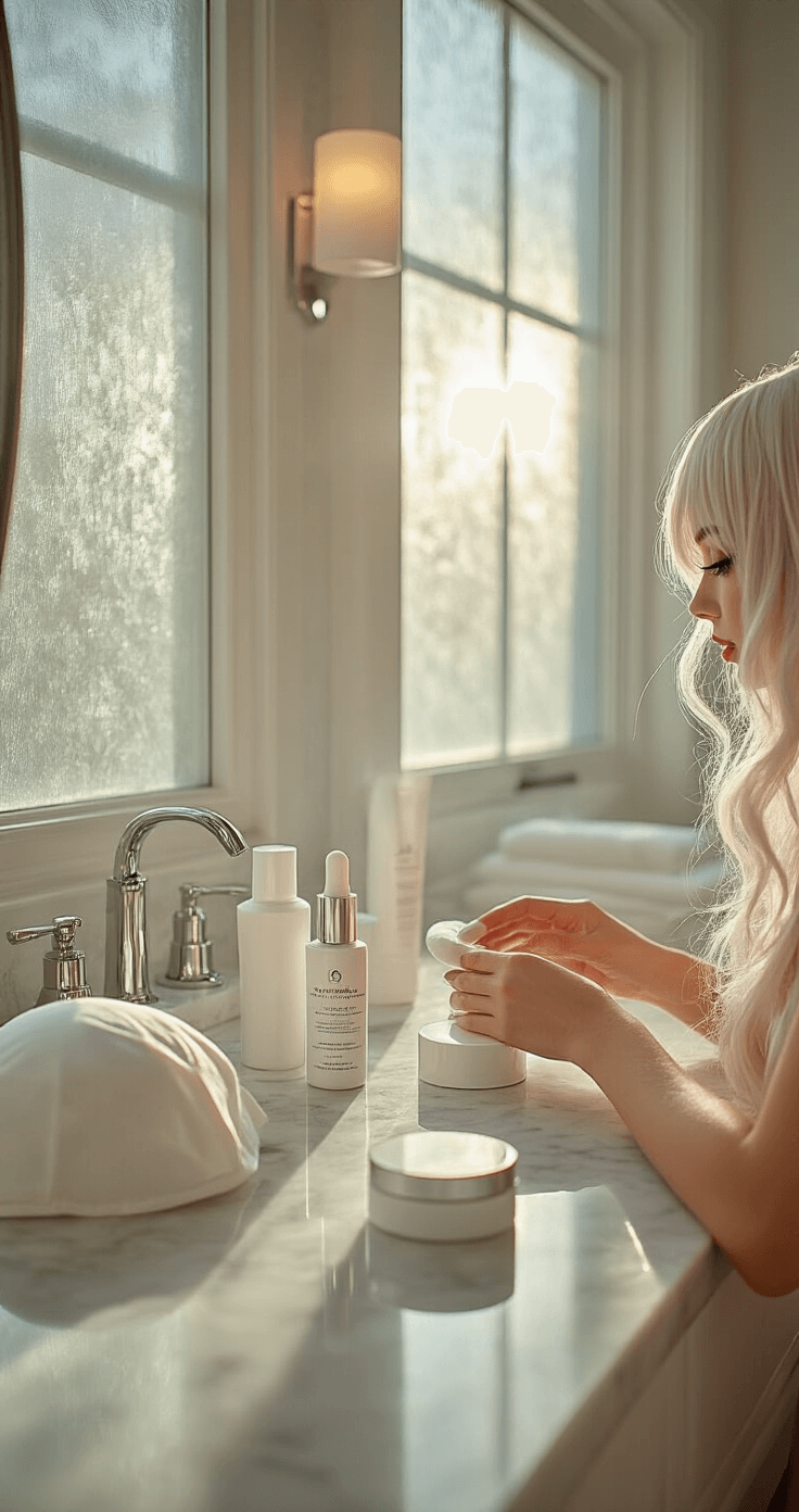 The Ultimate Cosplay Makeup Guide: Transform Into Your Favorite Character A modern bathroom with frosted windows showcases a cosplayer performing their skincare routine at a marble countertop, surrounded by premium skincare products, a clean wig cap, and thoughtfully arranged moisturizer and primer bottles, all illuminated by soft, morning light.