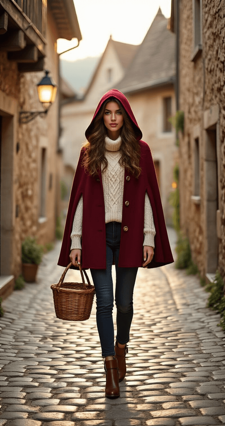 Legendary Halloween Costumes for Women: A Definitive Style A confident young woman in a burgundy wool cape walks down a charming cobblestone street in a quaint European village, illuminated by warm golden sunlight that highlights her stylish outfit and the medieval buildings around her.