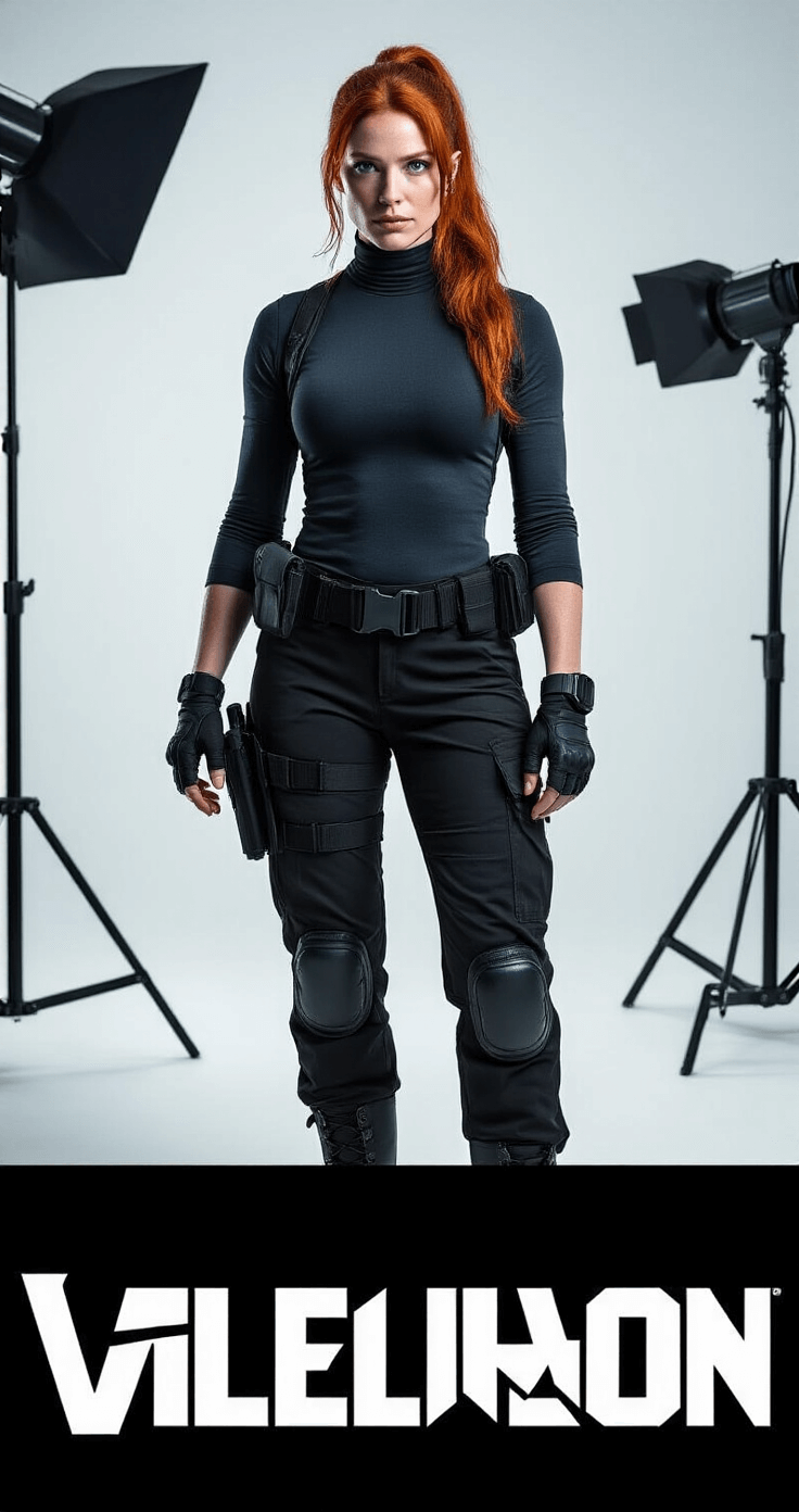 Red Hair Cosplay: Unleash Your Inner Character with Copper Locks A confident red-haired woman in a sleek action-hero outfit poses in a modern minimalist studio, showcasing fitted black cargo pants and a dark turtleneck, with dramatic lighting enhancing her professional and action-ready demeanor.