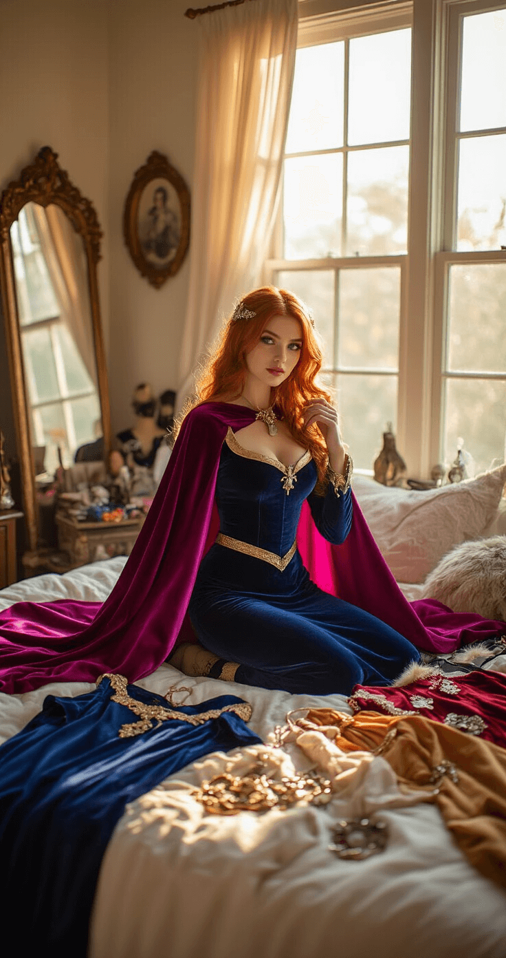 Red Hair Cosplay: Unleash Your Inner Character with Copper Locks Auburn-haired model in a cozy bedroom bathed in golden afternoon light, surrounded by multiple cosplay outfits on a plush bed, including a royal blue velvet dress with magenta cape details. The scene features organized costume displays, flowing fabrics, vintage mirrors, and scattered jewelry, all illuminated by warm natural light that highlights the rich textures of luxurious materials.
