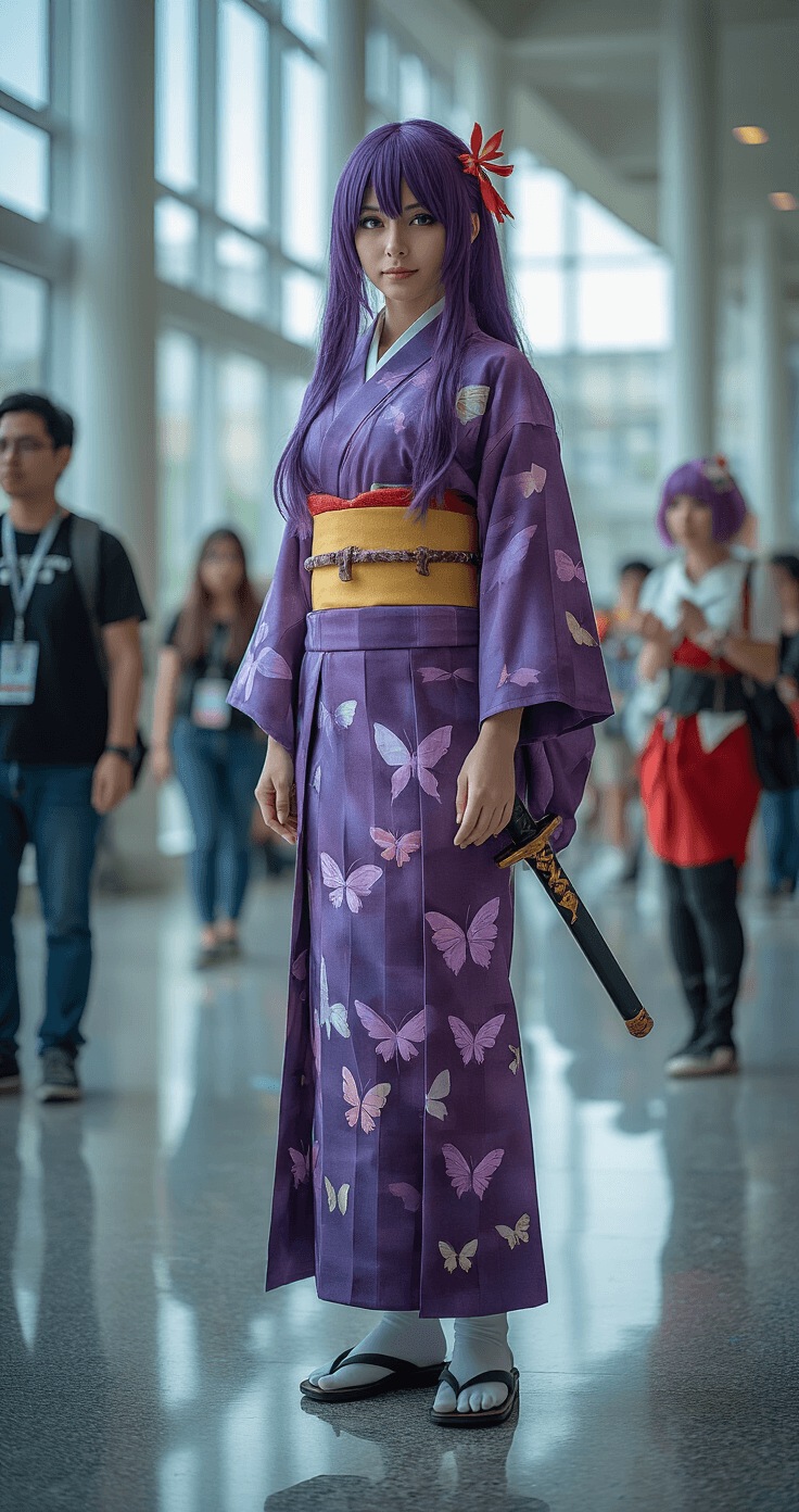 A wide-angle shot of a modern convention center interior featuring polished floors and large windows, showcasing a confident cosplayer dressed as Shinobu in an authentic haori with butterfly patterns, styled purple gradient wig, and detailed prop sword. The background includes blurred cosplayers, while natural daylight and indoor lighting highlight the fabric textures and metallic accessories of the costume.