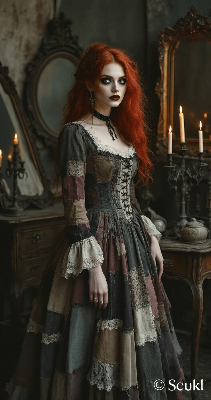 Red Hair Cosplay: Unleash Your Inner Character with Copper Locks A dramatic redhead model poses in a gothic-inspired vintage studio, wearing a patchwork dress with intricate stitching. The dimly lit scene features antique furniture, vintage props like candelabras and mirrors, and atmospheric warm candlelight, creating a darkly romantic and theatrical mood. Her pale makeup and smoky eyes complement her vibrant hair, surrounded by muted colors and rich textures.