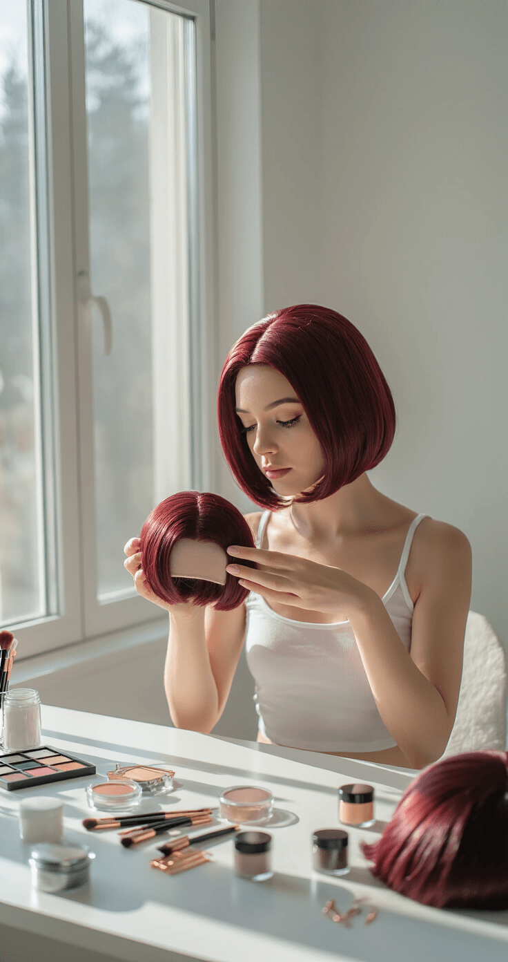 Medium shot of a young woman in a minimalist bedroom holding a burgundy wig, with professional makeup tools and soft morning light creating an intimate creative atmosphere.