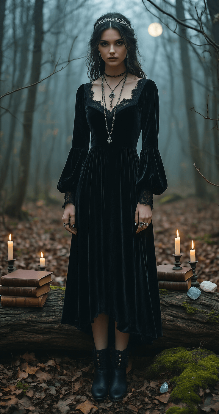 Legendary Halloween Costumes for Women: A Definitive Style A mysterious young woman in a flowing black velvet midi dress stands in a moody autumn forest clearing, illuminated by candlelight and moonbeams. She wears a silver circlet and layered pewter necklaces, with black suede ankle boots completing her elegant witch aesthetic. Ancient books and crystals are artfully placed on a moss-covered log beside her.
