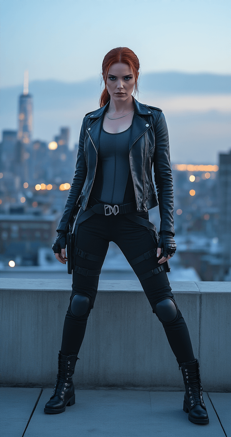 Legendary Halloween Costumes for Women: A Definitive Style A powerful young woman embodying superhero Black Widow energy stands confidently on a sleek urban rooftop at twilight, wearing a fitted black leather jacket over a charcoal bodysuit and high-waisted tactical pants. Her red hair is in a sleek low ponytail, and she accessorizes with minimal silver jewelry and combat boots. The blue hour lighting creates a cinematic atmosphere with city lights twinkling in the background.